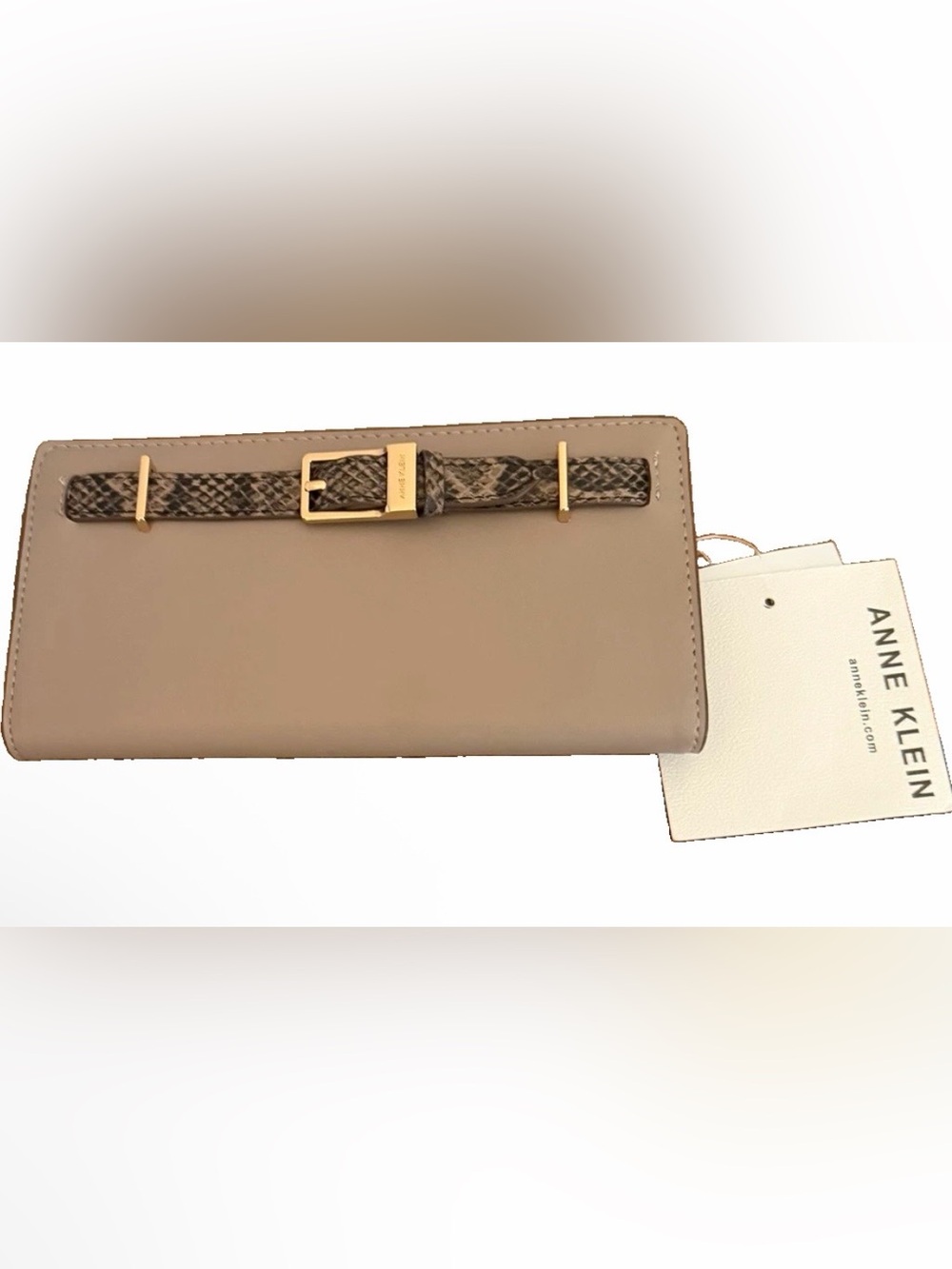 Anne Klein Taupe Wallet with Snakeskin-Textured Strap and Gold Hardware NWT